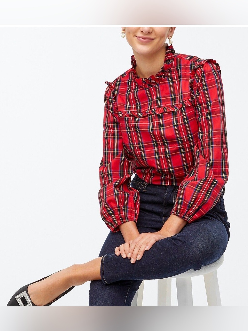 J. Crew Red Plaid Ruffle-Yoke Blouse - Size M